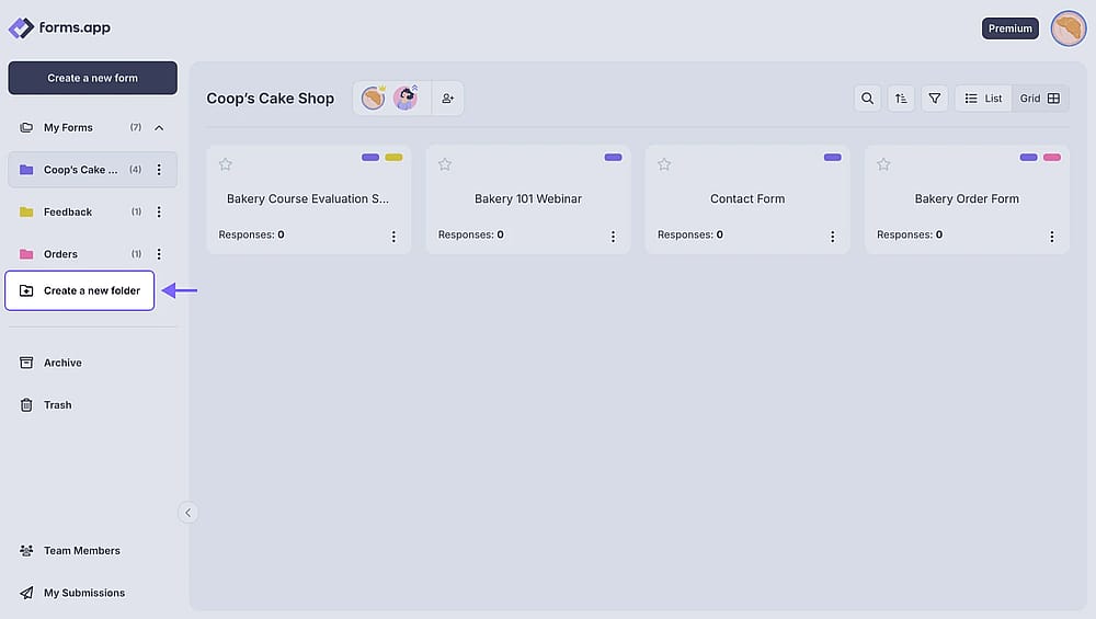An image showing the “Create a new folder” button, which you need to click to add a new form folder