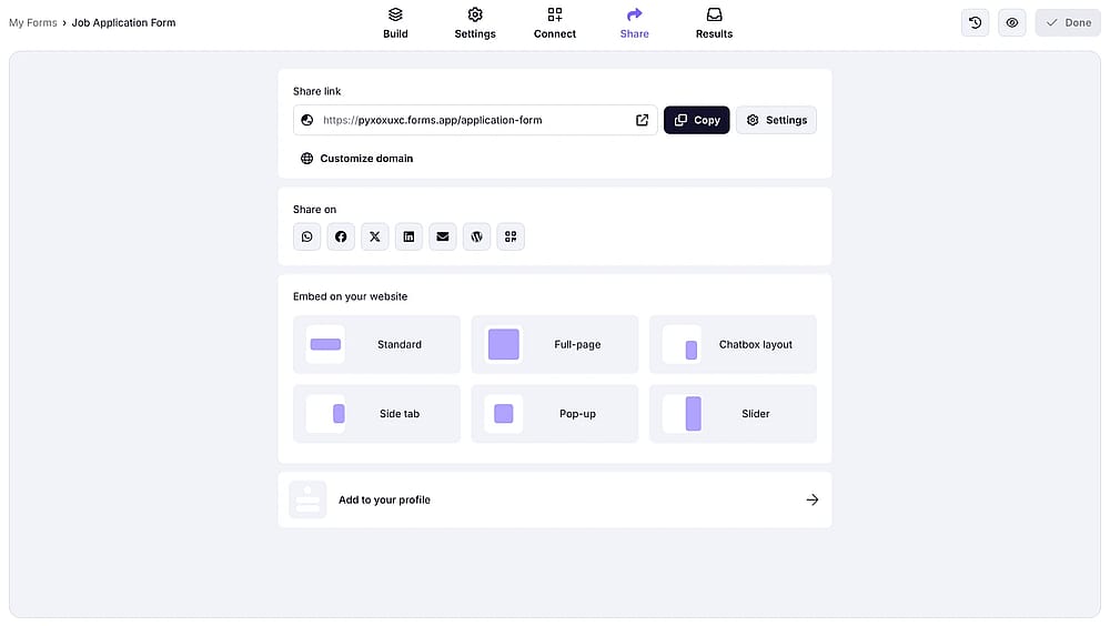 Verfügbare Freigabeoptionen auf forms.app