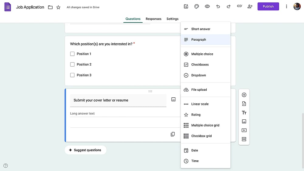 Hinzufügen von Beschäftigungsfragen zu Google Forms