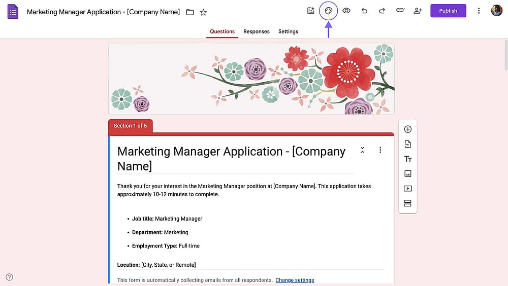 Öffnen der Anpassungs-Seitenleiste in Google Forms