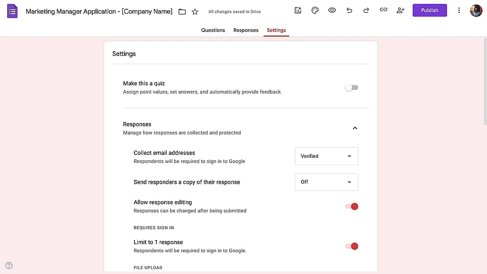 Konfigurieren von Einstellungen in Google Forms
