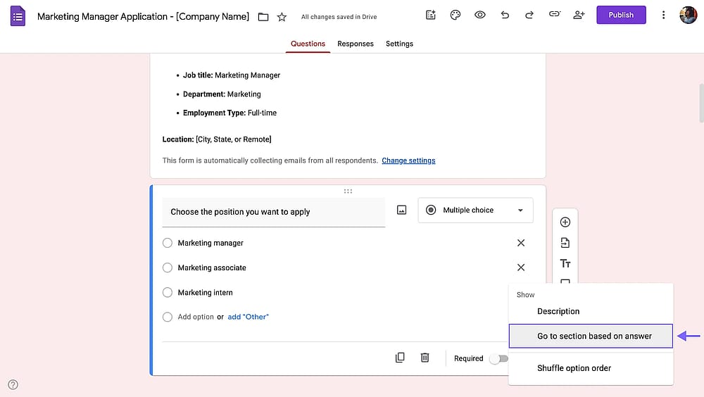Einrichten von Bedingungen für die Fragen in Google Forms