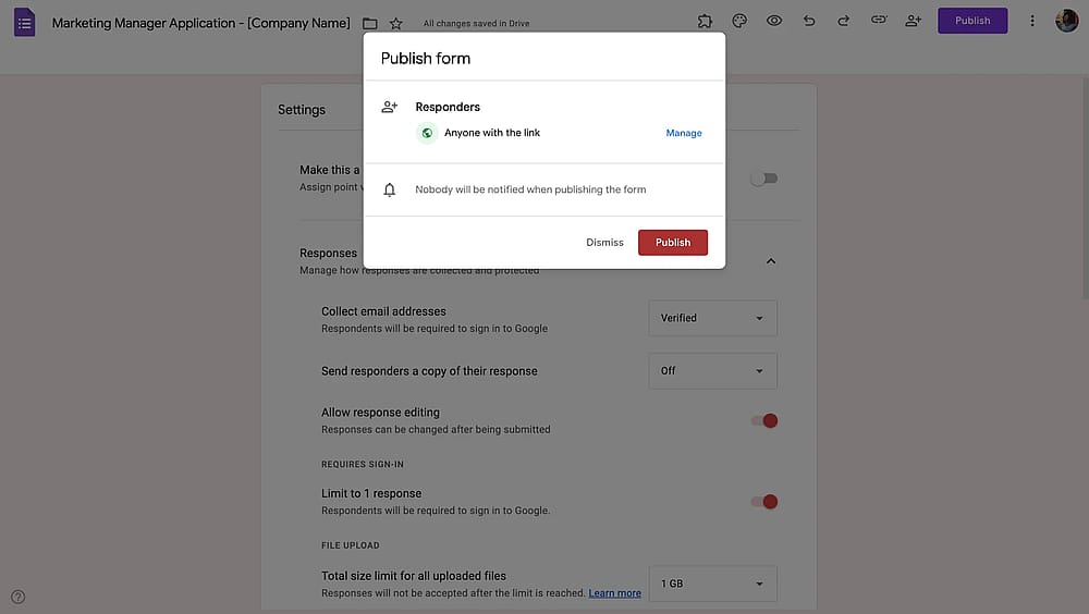 Veröffentlichen des Google Forms-Bewerbungsformulars