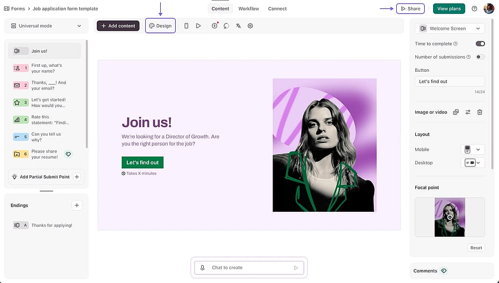 Adjust your form design and press ‘Share’ to publish your form