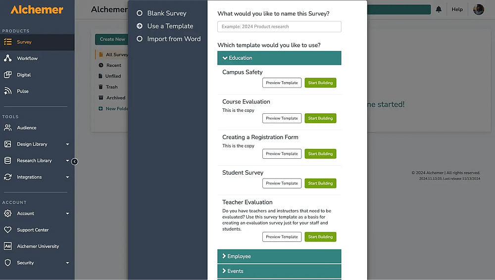 Template gallery of Alchemer