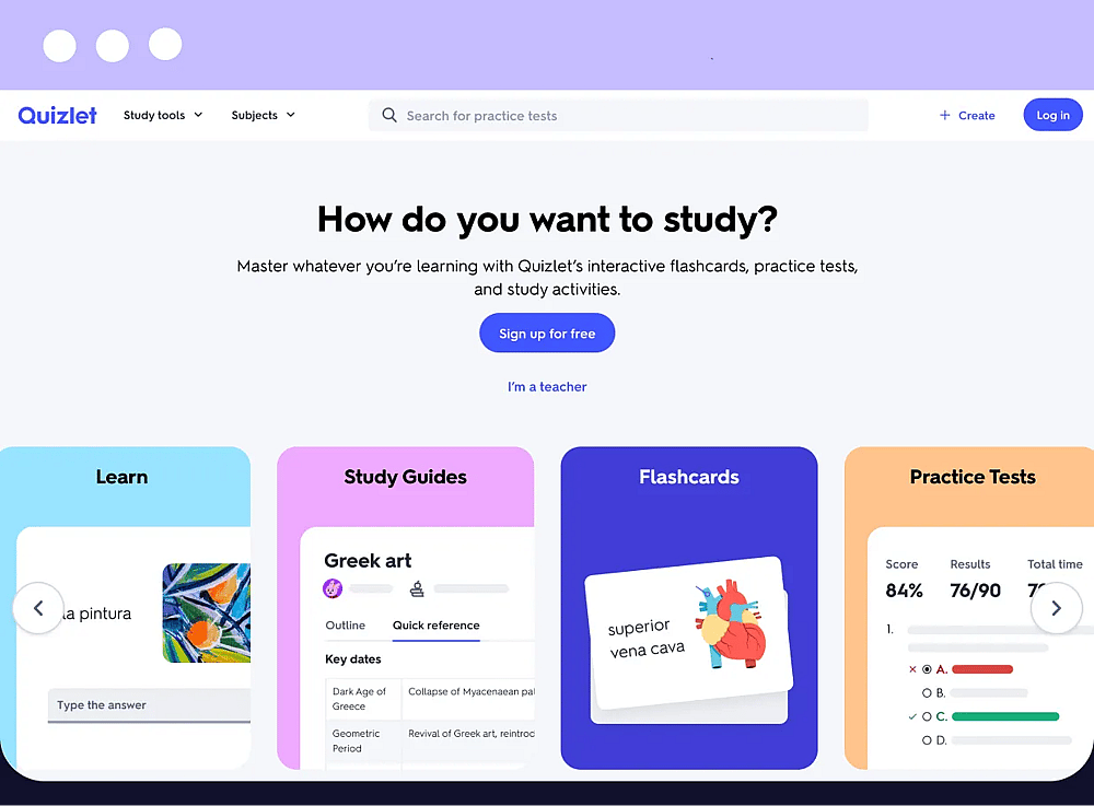 The homepage of Quizlet