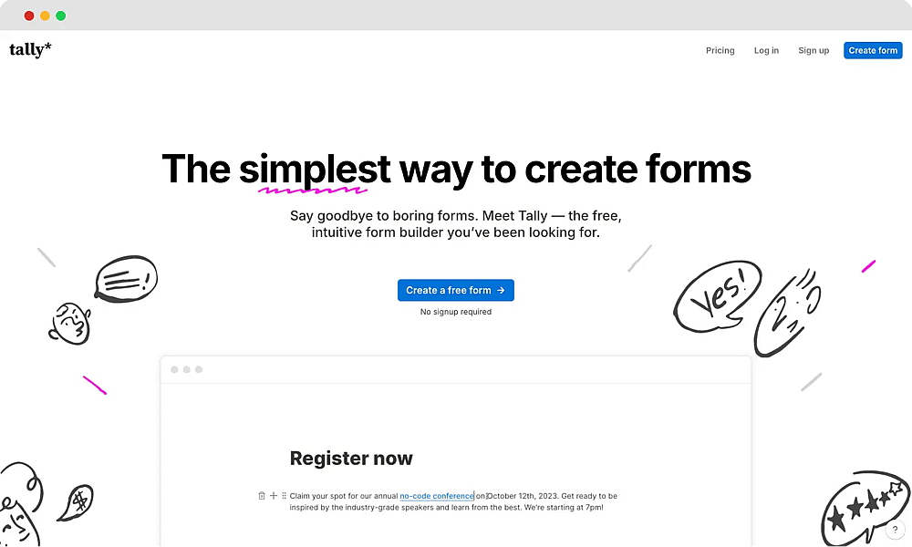 The homepage of Tally Forms