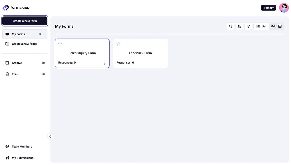 An image showing the forms.app “Dashboard” where you need to open the form or create a new one if needed