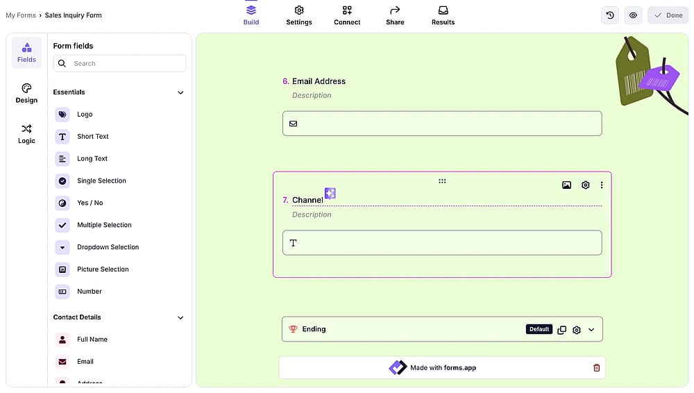 An image showing the “Build” section where you need to add the “Short text” field at the end and name it “Channel”