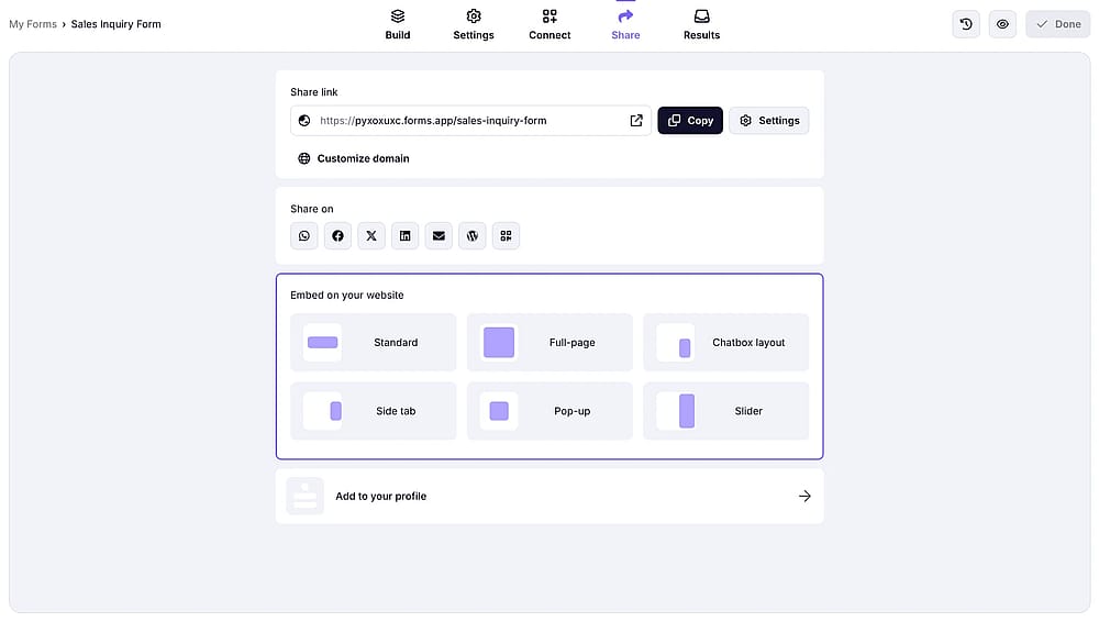 An image showing the “Share” section of the form with the embedding options we provide