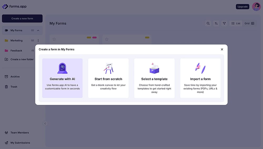 Start creating your form from a blank form, generate with AI, or select a template