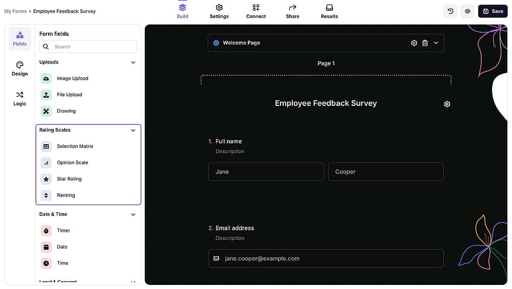 Rating scale field types from the fields menu