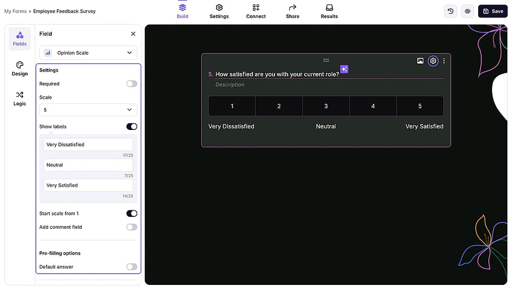 Field settings of an opinion scale question on forms.app