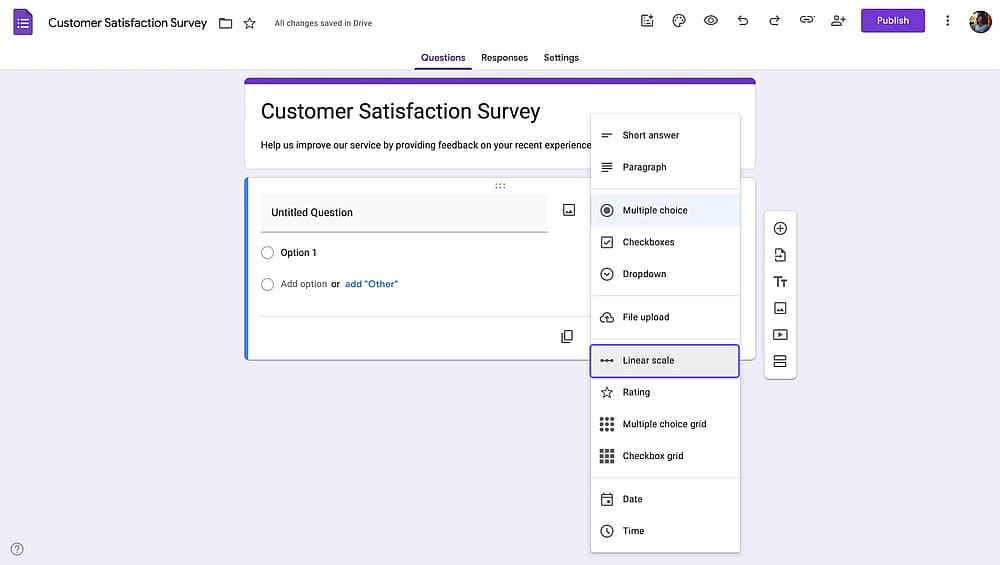 Changing field type to Linear Scale in a Google Form