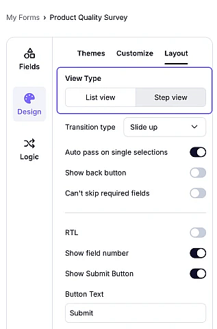An image showing where you can change your form view by accessing the Design tab and going to the Layout section