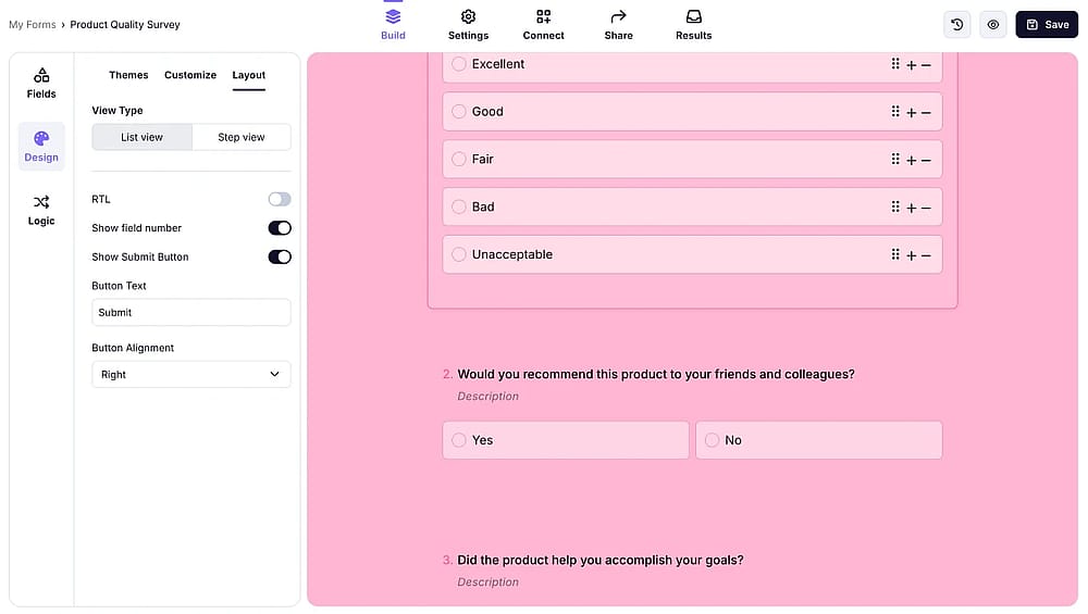 An image showing an example of the form where the List view is selected