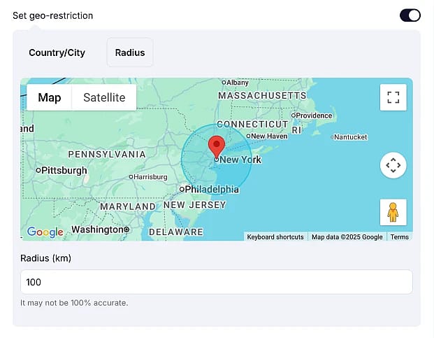 An image showing an option of selecting a custom radius for the geo-restriction