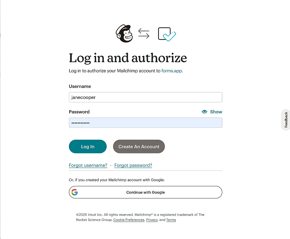 An image showing the pop-up appearing once you press the “Connect with Mailchimp” button