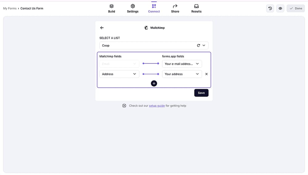 An image showing the area where you will need to select a required list and match the fields from both platforms to set up the integration