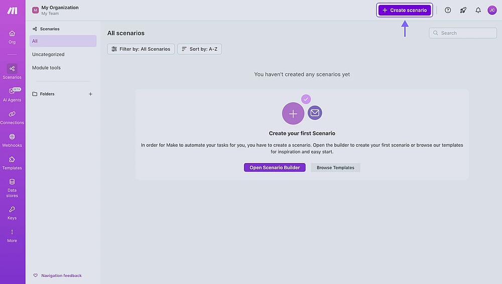 An image showing the “Make” Dashboard and the “+Create scenario” button you need to click