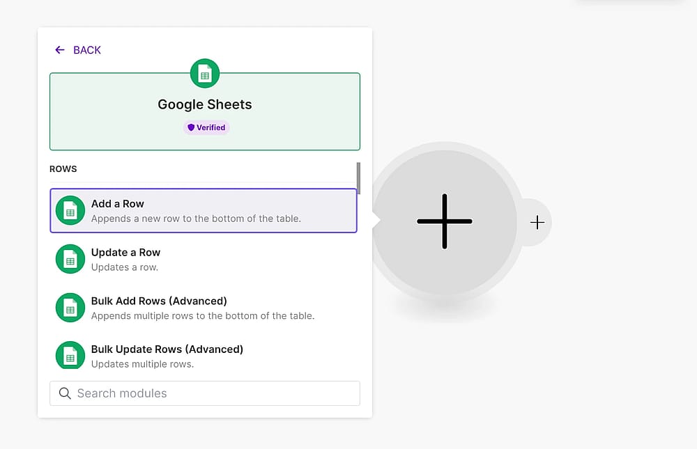 An image showing the selected “Google Sheets” tool and the “Add a Row” option