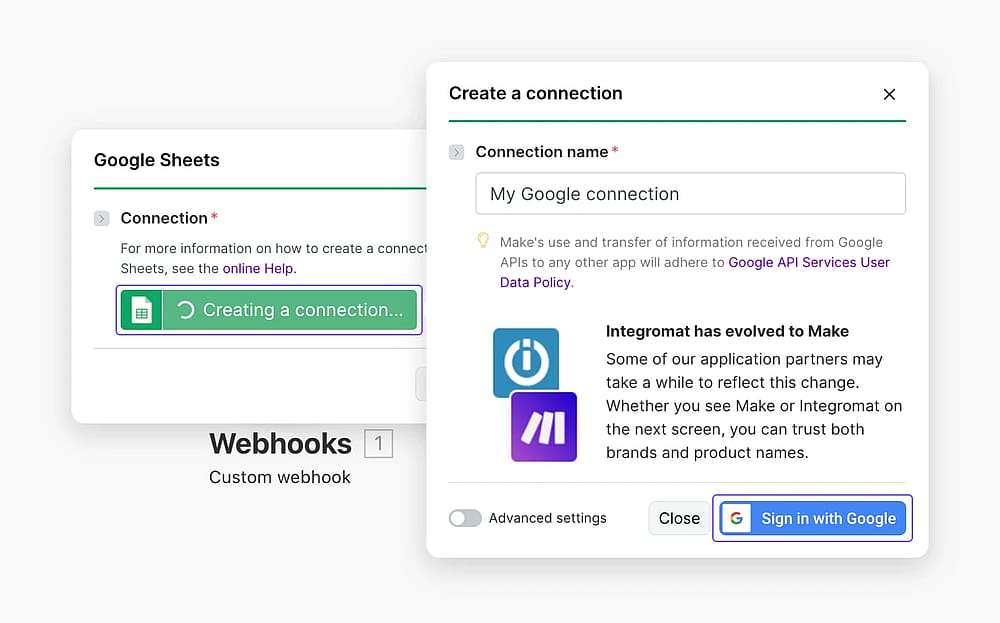 An image showing the “Create a connection” button, which you need to click to be able to set up the connection and log in to your Google account