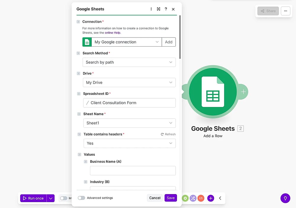 An image showing the area where you will need to select a sheet and match your form properties with the properties in the connected app