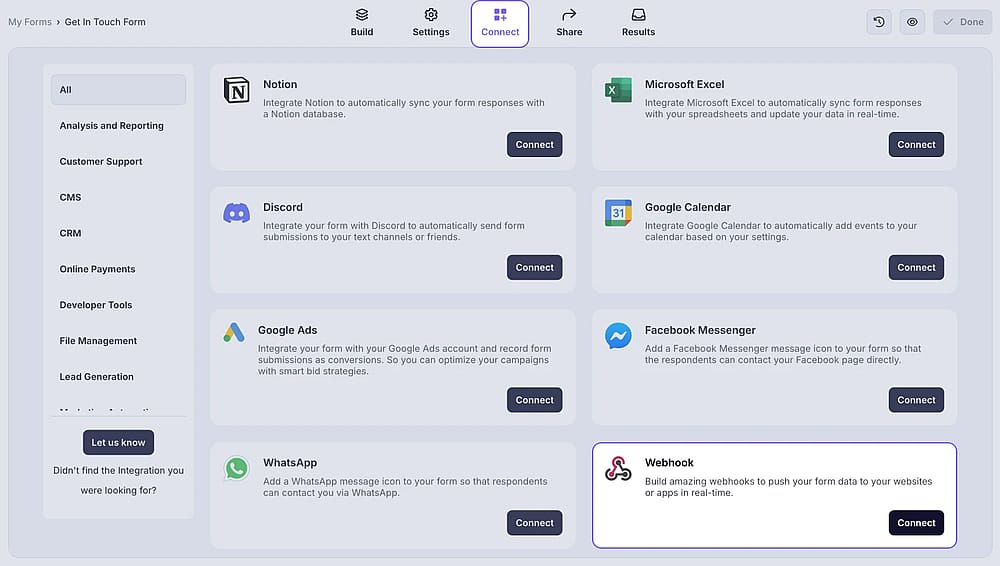 An image showing the “Webhook” option from the integration options in the “Connect” section