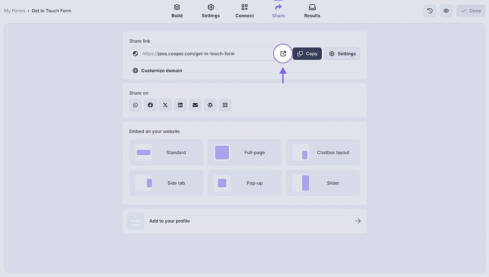 An image showing the forms.app “Share” section, where you can find your form URL and open your form directly