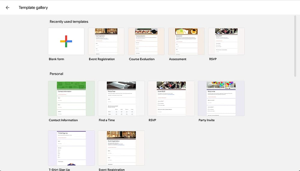 Choosing a form template on Google Forms