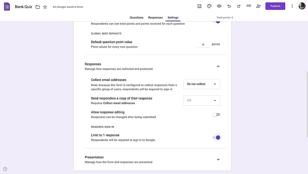 Adjusting the Google Form settings