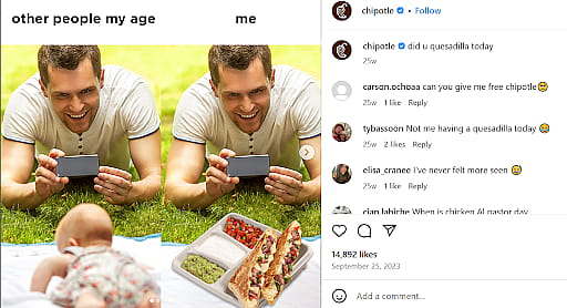 (Chipotle: "did U quesadilla today"&nbsp;2023),&nbsp;Instagram