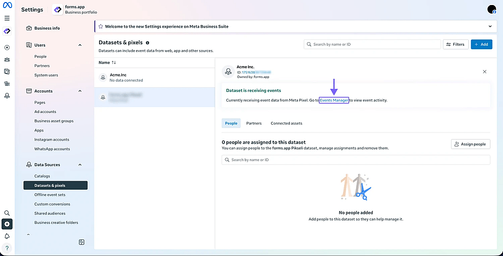 An image showing the “Events Manager” button in the “Datasets &amp; Pixels” tab, where you can open the page to check the status of your pixels