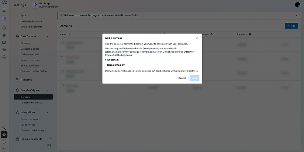An image showing the pop-up appearing, which allows you to enter the domain name you have registered for your forms on forms.app