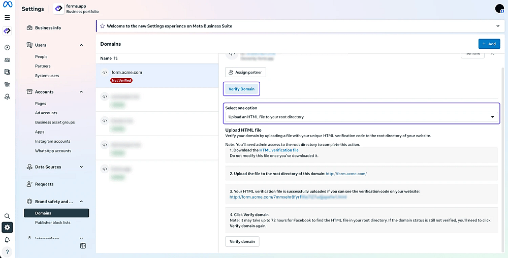 An image showing the dropdown menu under the “Verify domain” area, where you need to select the “Upload an HTML file to your root directory” option