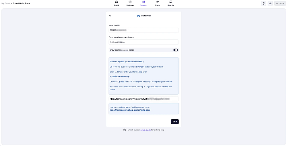 An image showing the “Connect” section in forms.app, where you can paste your “Meta Pixel ID” and enable the “Show cookie consent notice” toggle