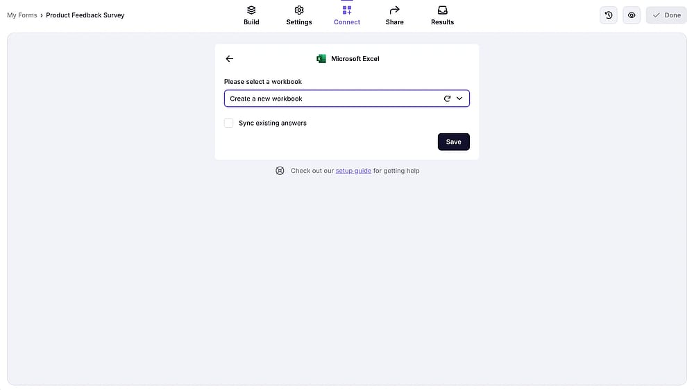 An image showing the “Create a new workbook” option, which you can keep or select an existing workbook for your future responses