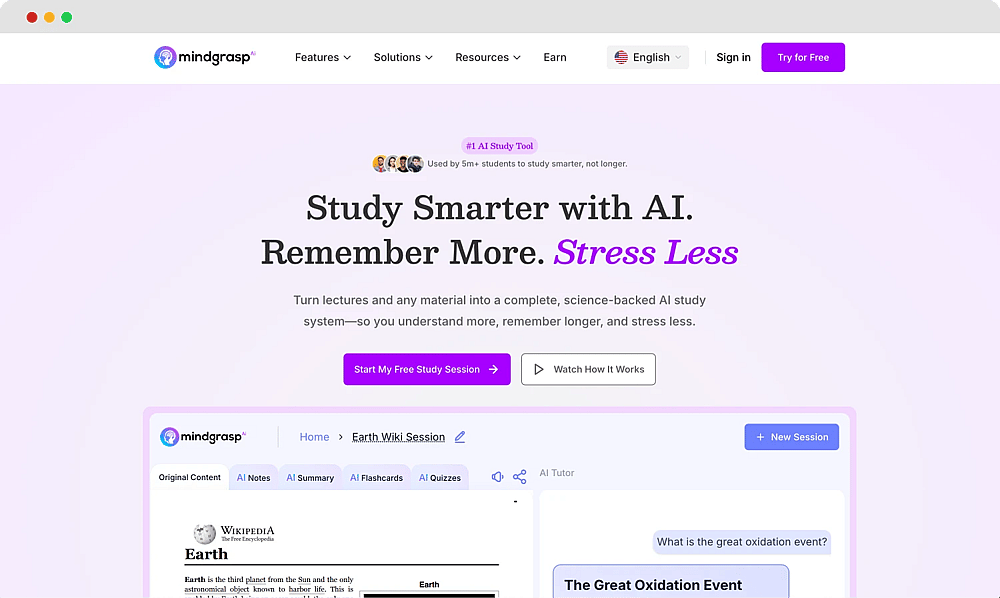 The homepage of Mindgrasp