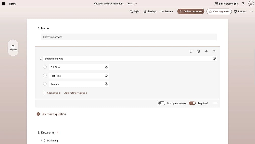 Workspace of Microsoft Forms