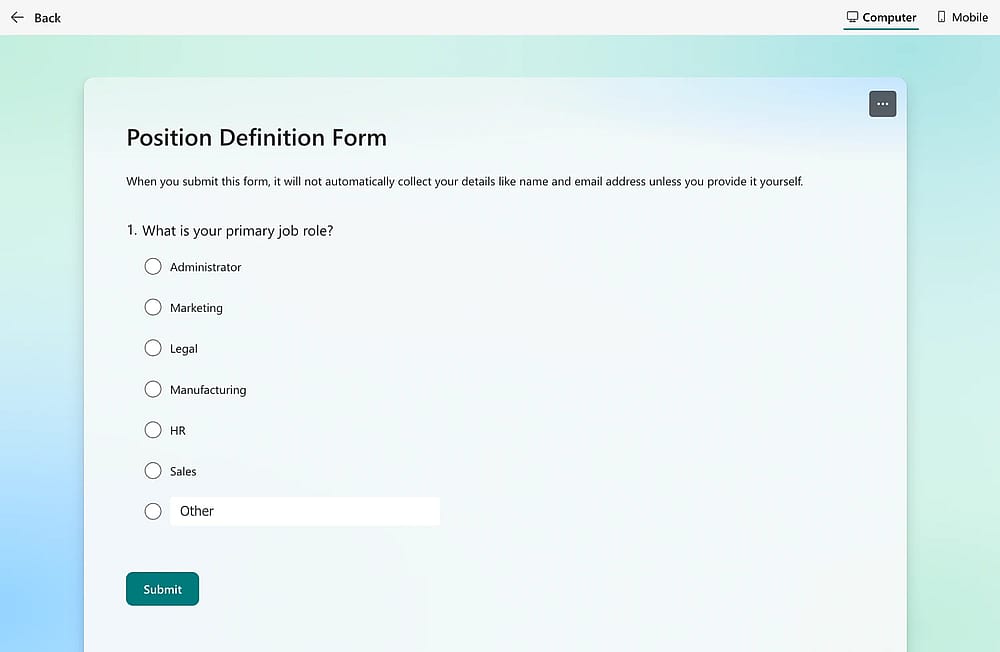 Um exemplo de pergunta de seleção única no MS Forms