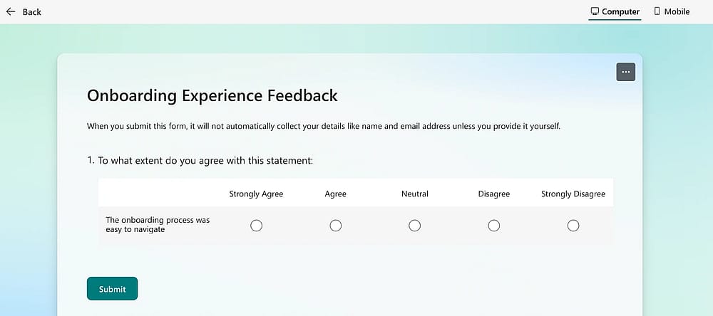 Um exemplo de pergunta de Escala Likert no MS Forms