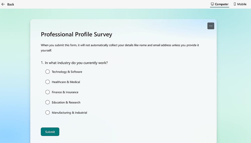 Um exemplo de pergunta demográfica no MS Forms