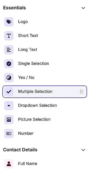 An image showing where the “Multiple Selection” field is located in the field menu from within the “Build” section