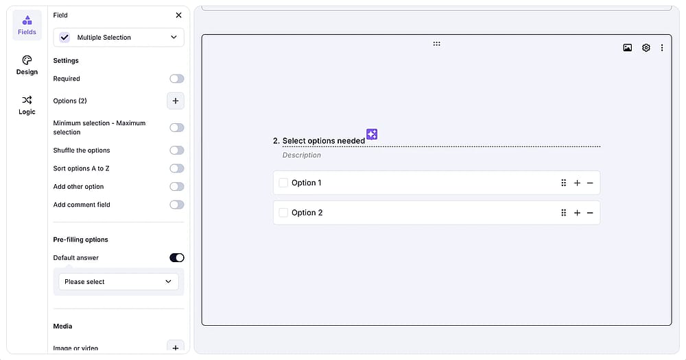 An image showing the settings you can adjust within the “Multiple Selection” field by pressing the “Gear” icon on the field