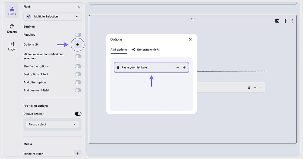 An image showing how you can paste a list of options to your field by opening the field settings