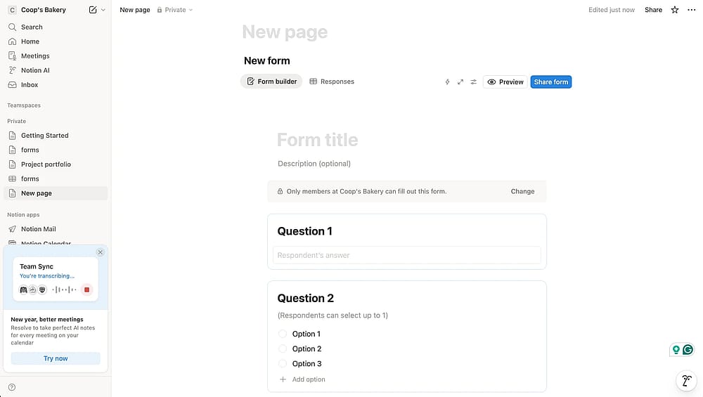 Workspace of Notion Forms