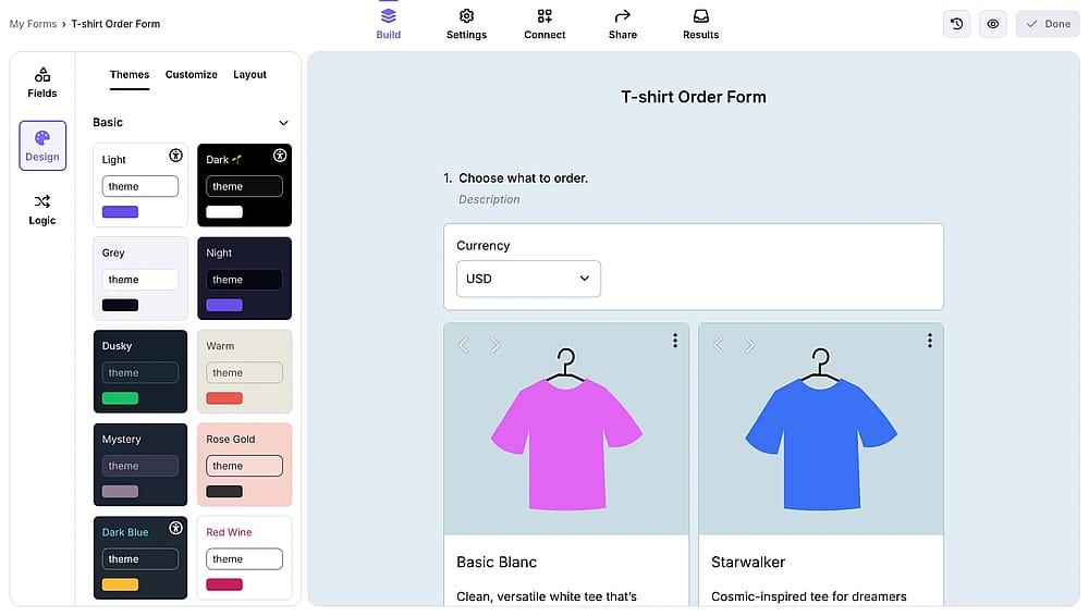 Die Formulardesigneinstellungen innerhalb von forms.app