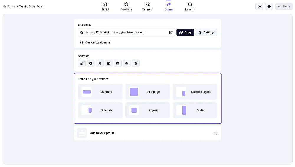 Die Formularfreigabeeinstellungen auf forms.app
