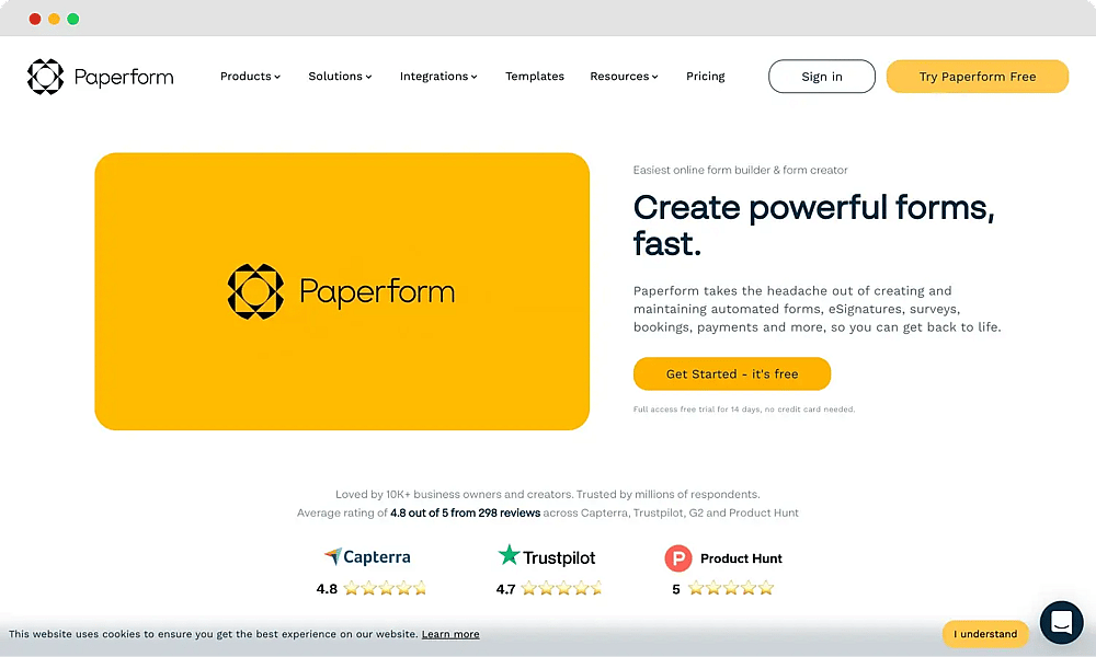 The homepage of Paperform