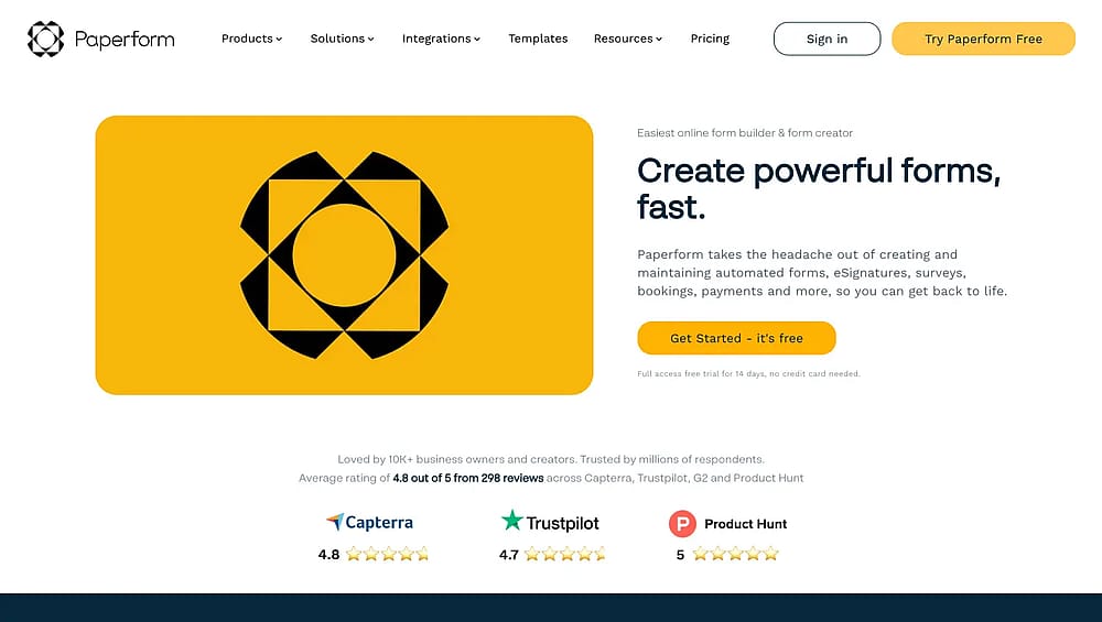 The home page of Paperform